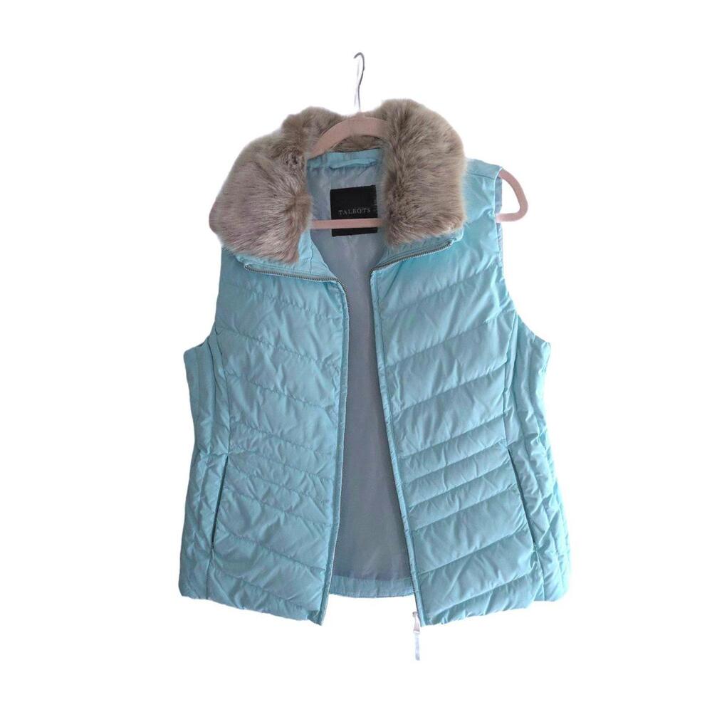 Talbots' Light Blue Puffer Vest, Faux Fur Collar